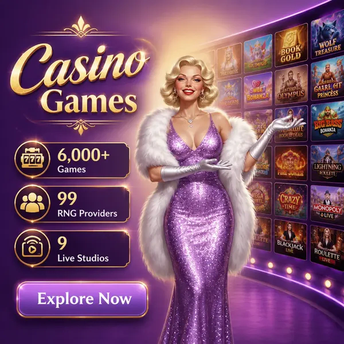 Billionairespin Casino mostra 6.000+ giochi in un muro espositivo a mosaico luminoso